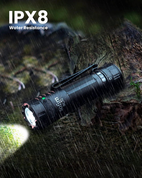 SC32 Pocket Size EDC Flashlight 2000 Lumens Rechargeable SST40 LED 5000K Tail E Switch in heavy rain, showcasing IPX8 water resistance.