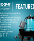 Heavy Duty Half Horsepower Submersible Sewage Effluent Pump Featuring Straight Up Automatic Float Switch And Rock Solid Epoxy Coated Cast Iron Body To Knock Out Basement Cleanup Jobs Without Any Sweat Ever, showing features and specifications.