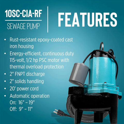 Heavy Duty Half Horsepower Submersible Sewage Effluent Pump Featuring Straight Up Automatic Float Switch And Rock Solid Epoxy Coated Cast Iron Body To Knock Out Basement Cleanup Jobs Without Any Sweat Ever, showing features and specifications.