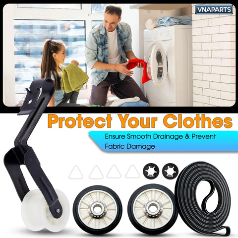 All In One Dryer Repair Kit With Drum Rollers Idler Pulley And Belt For Whirlpool Amana Maytag KitchenAid Dryers Your Go To Replacement For WED4815EW1 NGD4655EW2 image showing components and family using dryer.