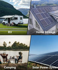 Collage of RV camping, home with solar panels, campers by lake, and solar power system highlighting 4000W Hybrid Solar Inverter 24V DC To 110V AC Pure Sine Wave With 140A MPPT Charge Controller, 4200W Max PV Input, 500VDC, Supports 24V Lead Acid And Li Batteries, Ideal For RV And Off Grid Power Systems usage.