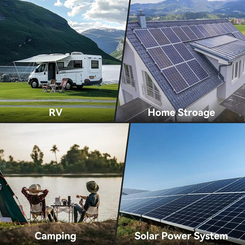 Collage of RV camping, home with solar panels, campers by lake, and solar power system highlighting 4000W Hybrid Solar Inverter 24V DC To 110V AC Pure Sine Wave With 140A MPPT Charge Controller, 4200W Max PV Input, 500VDC, Supports 24V Lead Acid And Li Batteries, Ideal For RV And Off Grid Power Systems usage.