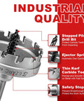 Beefy Carbide Hole Saw Heavy Duty Cutter for stainless and sheet metal, showcasing stepped pilot drill bit, ejector spring, and carbide teeth.