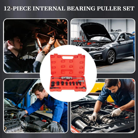 Very Heavy Duty Inner Bearing Puller Extractor Tool Made From Solid 40CR Steel Designed To Pop Rusted Seized Blind Hole Bearings From Car And Bike Engines With Strong Grip That Handles Heavy Hammering For A Quick Garage Fix Or For Real. 12-piece set in red case