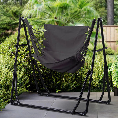 Two In One Hammock And Swing Chair With Foldable Stand Carrying Bag Grab And Go Portable Outdoor Chair for Patio Garden Camping Trips Easy Setup And Stable Rubber Feet Gray