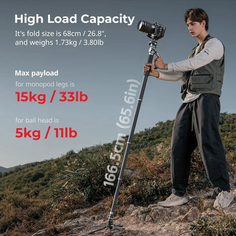 Photographer using Carbon Fiber Camera Monopod With One Touch Height Adjustment And 5kg Payload Ball Head 65.6 Inch Reach