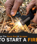 Person using Tactical Paracord Compass Survival Bracelet Set With Fire Starter Kit And Whistle to ignite fire outdoors