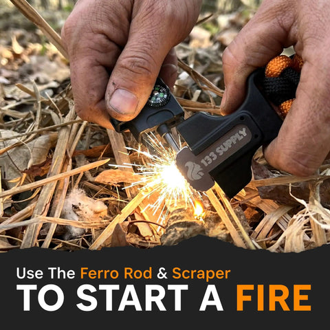 Person using Tactical Paracord Compass Survival Bracelet Set With Fire Starter Kit And Whistle to ignite fire outdoors