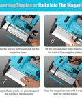 Inserting nails and staples into No Nonsense Heavy Duty 20V Cordless Brad Nailer And Staple Gun 18 Gauge magazine.