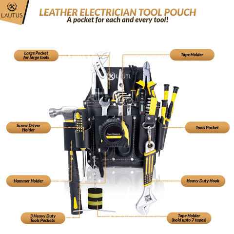 Oiled Tanned Heavy Duty Tool Belt Pouch Four Pocket Design with pro grade leather, riveted reinforcements, tools organized