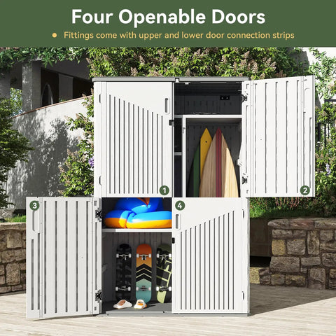 Outdoor Resin Storage Shed With Floor And Metal Shelving Kit 64 Cu Ft Waterproof Vertical Cabinet with open four-door design