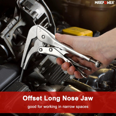 Two Pack 90 Degree Offset Long Nose Locking Pliers Set used in automotive repair for tight spaces