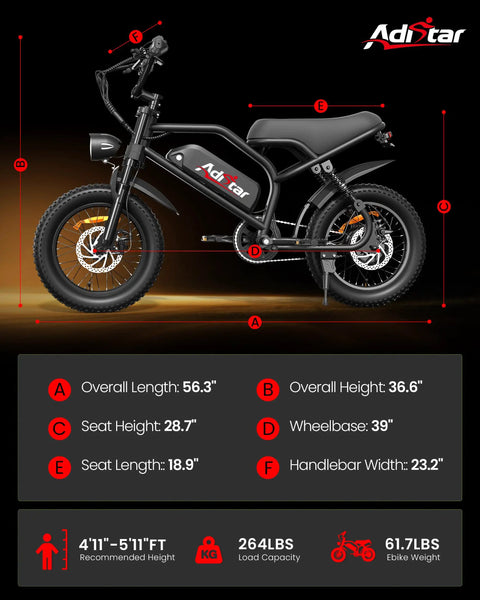 Side profile of 16 Inch Fat Tire Electric Bike For Adults And Teens With Peak 1500W Power, 65 Mile Range, detailed measurements shown