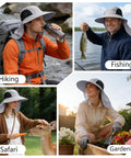 Collage of outdoor activities featuring Go To Wide Brim Sun Hat With Neck Flap UPF 50+ For Men And Women in hiking, fishing, safari, gardening.