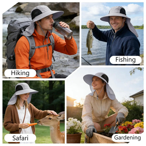 Collage of outdoor activities featuring Go To Wide Brim Sun Hat With Neck Flap UPF 50+ For Men And Women in hiking, fishing, safari, gardening.