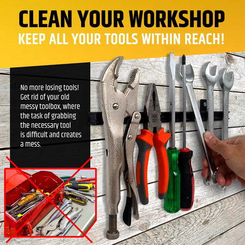 12 Inch Heavy Duty Magnetic Tool Holders 4 Pack 48 Inches Total Length with tools attached in a workshop setting