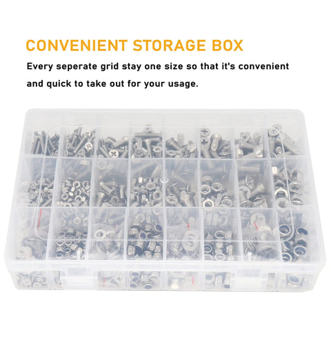 Get the Whole Shebang with Massive 304 Stainless Steel Machine Screw Assortment Kit featuring organized storage box with screws and nuts.