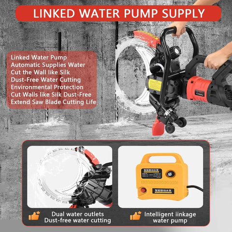 Heavy Duty 12000W Concrete Ring Saw With Water Fed Dust Suppression For Brick, Granite And Rebar, showing linked water pump supply for efficient cutting.
