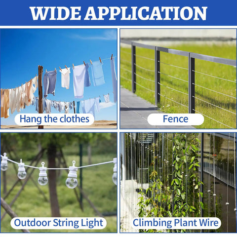 Wide application of one eighth inch wire rope kit with 200 feet vinyl coated stainless steel cable for various outdoor uses.