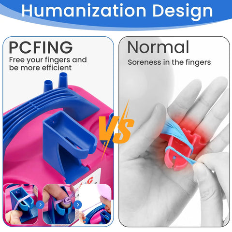 Electric Balloon Pump With Integrated Balloon Tying Tool comparison showing hand using knot tool vs traditional method