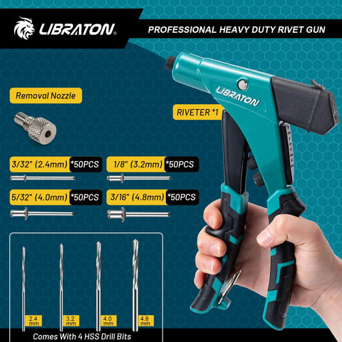 Libraton Heavy Duty Pop Rivet Gun One Handed for metal fastening with included removal nozzle and drill bits, ergonomic grip.