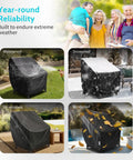 Waterproof Patio Chair Covers Two Pack All Weather Outdoor Furniture Protection With UV Resistance Windproof Straps And Air Vents Fits Chairs Up To Thirty Five Inches Wide Thirty Eight Inches Deep And Thirty One Inches High Black showing year-round protection features: waterproof, snowproof, UV-resistant, windproof.