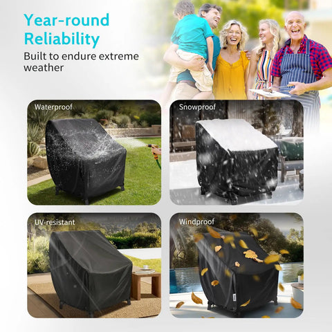 Waterproof Patio Chair Covers Two Pack All Weather Outdoor Furniture Protection With UV Resistance Windproof Straps And Air Vents Fits Chairs Up To Thirty Five Inches Wide Thirty Eight Inches Deep And Thirty One Inches High Black showing year-round protection features: waterproof, snowproof, UV-resistant, windproof.