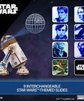 R2 D2 3D Wooden Puzzle Kit For Adults With Moving Parts And LED Projection Light showcasing Death Star hologram and slides