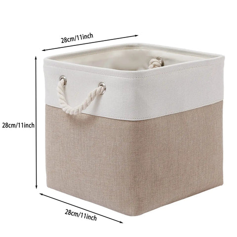 11x11 Inch Cube Storage Bins Set Of 6 Collapsible Fabric Storage Cubes With Rope Handles, Foldable Organizer Bins For Home Office Closet Clothes Toys In White And Beige, Sturdy Frame And Easy To Store