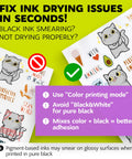 Printable Vinyl Sticker Paper For Inkjet And Laser Printers sheets with colorful cat designs and ink drying tips on white matte surface.