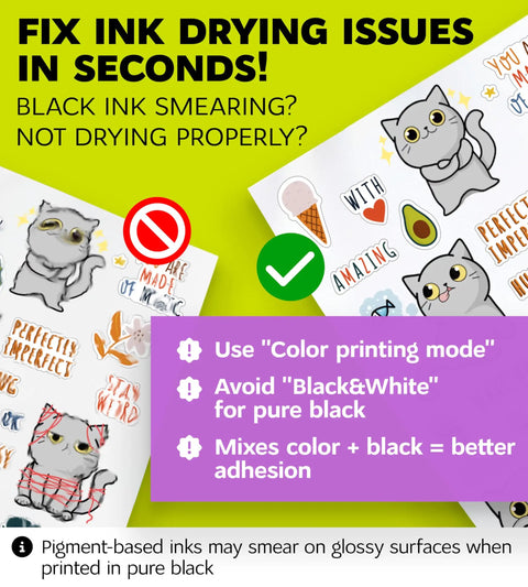 Printable Vinyl Sticker Paper For Inkjet And Laser Printers sheets with colorful cat designs and ink drying tips on white matte surface.