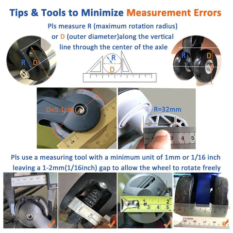 Measurement tools and tips for Eight Pack Luggage Wheel Replacement Set 50X14Mm Swivel Casters with illustrations and photos