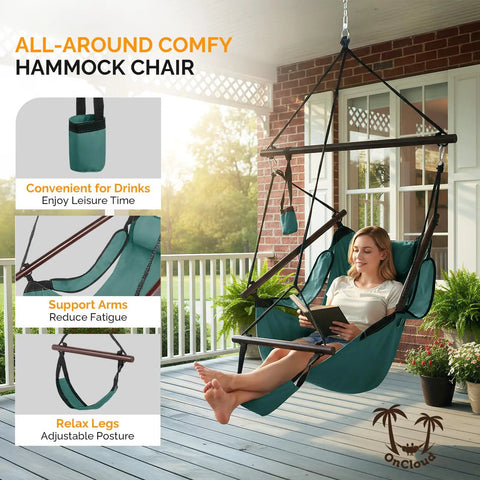 Woman relaxing in an upgraded unique hammock hanging sky chair with easy setup safer design air deluxe swing seat on durable rope.