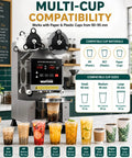 Shop Ready Full Automatic Boba Tea Cup Sealer Machine Crushes The Rush At 600 Cups An Hour with compatible cup sizes shown.