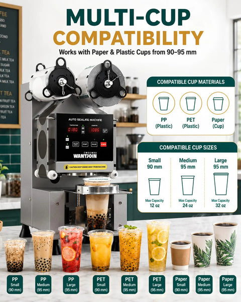 Shop Ready Full Automatic Boba Tea Cup Sealer Machine Crushes The Rush At 600 Cups An Hour with compatible cup sizes shown.