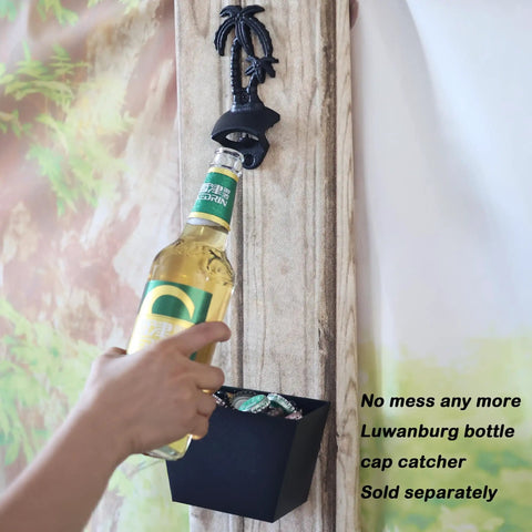 Wall Mounted Black Palm Tree Bottle Cap Opener Heavy Duty Cast Iron garage beer bottle opener in use with bottle.
