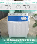 No Sweat Twin Tub Portable Washing Machine With 28 Pounds Capacity Featuring Eighteen Pound Wash Bowl And Ten Pound Spin Cylinder Compact Top Load Setup for Apartments Dorm Suites and RV Trips showing user-friendly knobs for wash and spin.