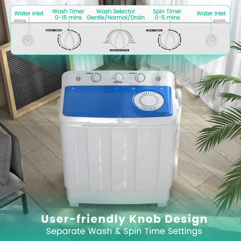 No Sweat Twin Tub Portable Washing Machine With 28 Pounds Capacity Featuring Eighteen Pound Wash Bowl And Ten Pound Spin Cylinder Compact Top Load Setup for Apartments Dorm Suites and RV Trips showing user-friendly knobs for wash and spin.