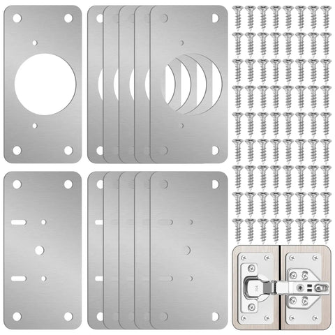 12 Pack Cabinet Hinge Repair Kit With Hinge Fixing Plates for kitchen cabinets, includes stainless steel plates and screws.