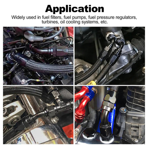 10AN 45 Degree One Piece Full Flow Hose End Fitting Swivel For CPE Braided Hose With 7/8 14 UNF Thread 6061 T6 Aluminum AN10 fitting on braided fuel lines in engine bay
