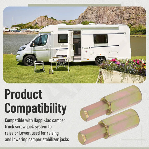 Two Piece Replacement Hex Drive Slick Upgrade For Happijac Camper Screw Jack Systems shown outdoors with RV, highlighting compatibility and use.