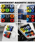 No Spill 20 Piece Engine Oil Funnel Kit with color-coded adapters on magnetic trays in various workshop settings