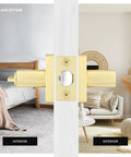 Six Pack Gold Door Knobs With Modern Curved Corner Design For Rooms Requiring A Key To Open Keyed Alike Entry Levers