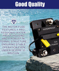 Heavy Duty 50 Amp Marine Circuit Breaker for Minn Kota Trolling Motor showing waterproof design on a rocky surface.