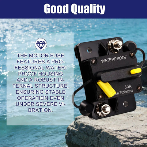 Heavy Duty 50 Amp Marine Circuit Breaker for Minn Kota Trolling Motor showing waterproof design on a rocky surface.