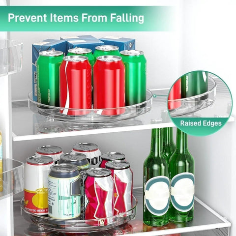 Image of Four Pack Slick 9.5 Inch Lazy Susan Turntable Organizer with drinks, showcasing raised edges for stability in storage.