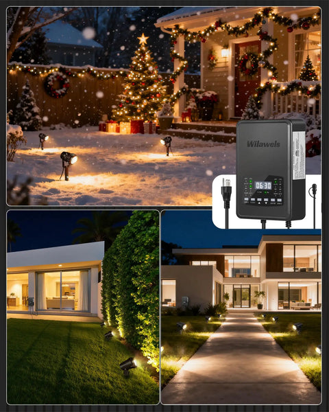 Night scene showcasing 12 Pack Landscape Lights Kit With 300W Dual Zone Low Voltage Transformer 12V LED Landscape Lighting 3000K Warm White Waterproof Aluminum Spotlights With Connectors For Yard Tree Garden W01LK06 Easy DIY Install.