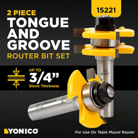 Tongue And Groove Router Bit Set Pro Grade For Three Quarter Inch Stock With One Half Inch Cutting Depth One Quarter Inch Tongue Two Bit Set One Half Inch Shank Premium C3 Micro Grain Tungsten Carbide Blades For Flooring And Cabinetry Projects image with yellow router bits