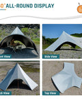 All Weather Camping Canopy Tarp With Poles And Sun Shade Shelter For Outdoor Camping Backyard Or Picnic Includes Guy Lines And Luminous Tent Stakes Grab And Go Setup Spacious Shade Gray front, side, back, and top views