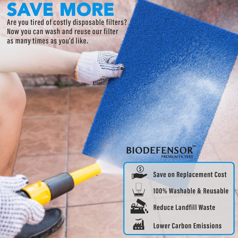 Person using spray on reusable air filter 20x30x1 cut to fit most furnaces, AC and HVAC vents, washable durable rigid media